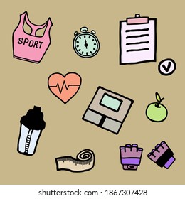 Sports set drawn in the style of doodle. Vector drawing.
