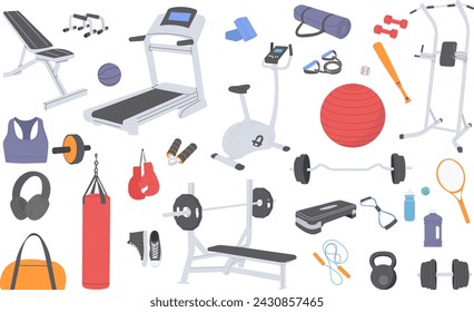 sports set, exercise equipment, dumbbells, bat, racket on a white background vector