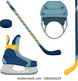 A sports set featuring hockey equipment, such as a hockey stick, helmet, puck and ice skates. Hockey collection vector illustration isolated on a white background