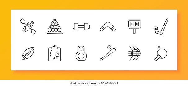 Sports set icon. American football, stand, scoreboard, plan, baseball, boomerang, hockey, kettlebell, active recreation, healthy lifestyle. Sports disciplines concept. Vector line icon.