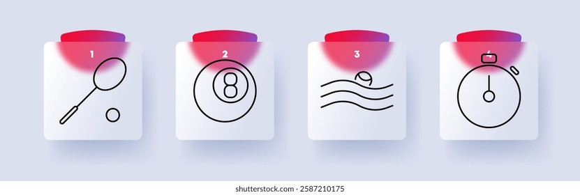 Sports set icon. Badminton racket, billiard ball, swimming, stopwatch, fitness, timing, game, exercise, aquatic sports, competition, training.