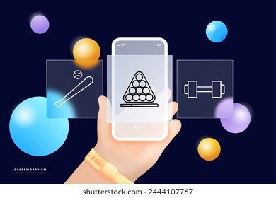 Sports set icon. Baseball, baseball bat, dumbbell, weight training, gym, billiards, pool cue and balls, game, active recreation, healthy lifestyle. Sports disciplines concept. Glassmorphism style.