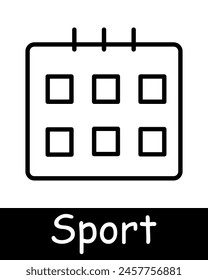 Sports set icon. Calendar, schedule, weight, hobby, healthy lifestyle, entertainment, competition, muscles, hobby, black lines on white background. Healthy lifestyle concept.