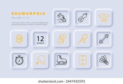 Sports set icon. Gloves, boxing, water, stopwatch, ping pong, pulse, barbell, tennis racket, sneakers, skates, air hockey, T shirt, shuttlecock. Healthy lifestyle concept. Neomorphism style.