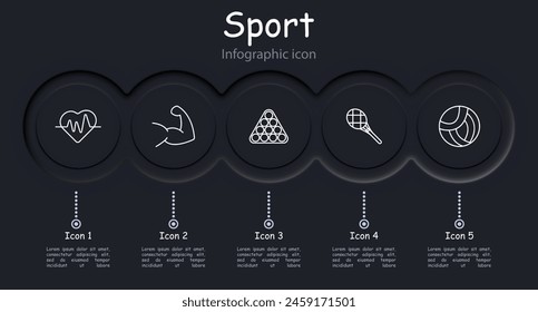 Icono de set deportivo. Infografía, neomorfismo, medalla, peso, raqueta, tenis, pulso, barra, billar, voleibol, músculos, guante de boxeo, hobby. Concepto de estilo de vida saludable.