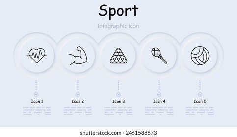 Icono de set deportivo. Infografía, neomorfismo, medalla, peso, raqueta, tenis, pulso, barra, billar, voleibol, músculos, guante de boxeo, hobby. Concepto de estilo de vida saludable.