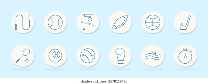 Sports set icon. Jump rope, baseball, strategy, rugby, volleyball, hockey, tennis, billiards, basketball, boxing, swimming, stopwatch