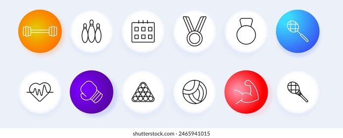 Sports set icon. Kettlebell, dumbbell, weightlifting and athletics, badminton, tennis, football, basketball, rugby, boxing, strength, figure, pulse, ball, billiards. Healthy lifestyle concept