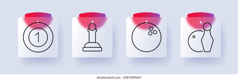 Sports set icon. Medal, chess pawn, bowling ball, pins, competition, strategy, game, achievement, recreation, victory, tactics, challenge, championship, skill, performance, mindset.