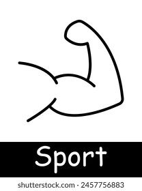 Sports set icon. Medal, weight, hobby, healthy lifestyle, entertainment, competition, arm, biceps, muscles, hobby, black lines on white background. Healthy lifestyle concept.