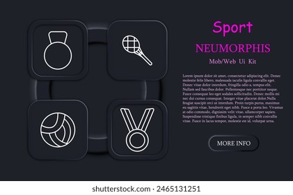 Icono de set deportivo. Medalla, peso, raqueta, tenis, barra, barra, kettlebell, levantamiento de pesas, neomorfismo, voleibol, músculos, guante de boxeo, hobby. Concepto de estilo de vida saludable.