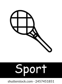 Icono de set deportivo. Raqueta, tenis, bádminton, Ocio al aire libre, pasatiempo, estilo de vida saludable, diversión, competencia, músculos, pasatiempo, líneas negras sobre fondo blanco. Concepto de estilo de vida saludable.