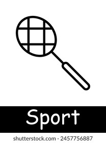 Icono de set deportivo. Raqueta, tenis, bádminton, Ocio al aire libre, pasatiempo, estilo de vida saludable, diversión, competencia, músculos, pasatiempo, líneas negras sobre fondo blanco. Concepto de estilo de vida saludable.