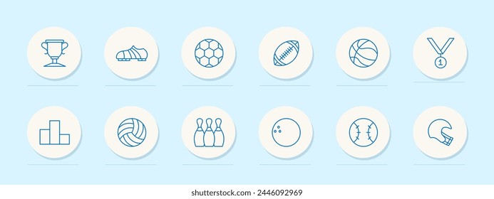 Sports set icon. Shoes, soccer ball, skittles, podium, medal, first place, rugby, volleyball, bowling ball, outdoor activity, useful hobby, blue. Healthy lifestyle concept. Vector line icon.