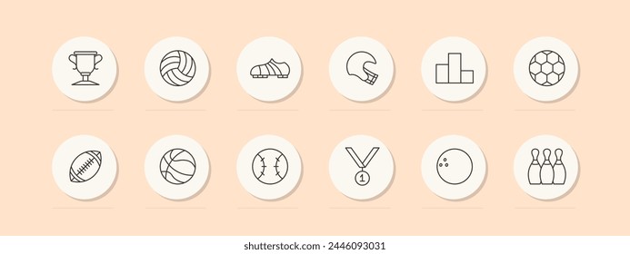 Sports set icon. Shoes, soccer ball, skittles, podium, medal, first place, rugby, volleyball, bowling ball, outdoor activity, useful hobby, pastel. Healthy lifestyle concept. Vector line icon.