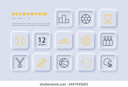 Icono de set deportivo. Zapatos, balón de fútbol, skittles, podio, medalla, primer lugar, rugby, voleibol, boliche, actividad al aire libre, afición útil, gradiente. Concepto de estilo de vida saludable. Estilo neomorfista.