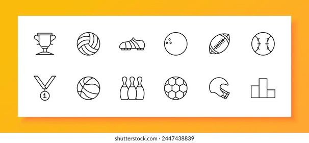 Icono de set deportivo. Zapatos, balón de fútbol, skittles, podio, medalla, primer lugar, rugby, voleibol, boliche, actividad al aire libre, afición útil, . Concepto de estilo de vida saludable. Icono de línea de Vector.