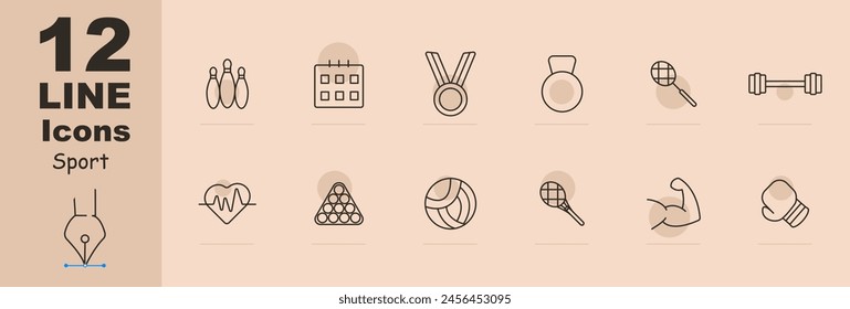 Icono de set deportivo. Skittles, boliche, calendario, calendario, medalla, peso, raqueta, tenis, barra, barra, billar, voleibol, músculos, guante de boxeo, hobby. Concepto de estilo de vida saludable.