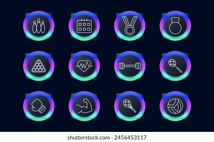 Icono de set deportivo. Skittles, boliche, calendario, calendario, medalla, peso, raqueta, tenis, barra, vidrimorfismo, billar, voleibol, músculos, guante de boxeo, hobby. Concepto de estilo de vida saludable.