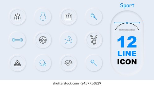 Icono de set deportivo. Skittles, boliche, calendario, calendario, medalla, peso, raqueta, tenis, barra, neomorfismo, billar, voleibol, músculos, guante de boxeo, hobby. Concepto de estilo de vida saludable.