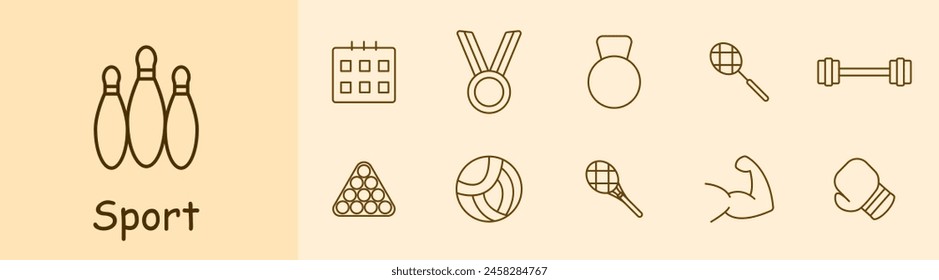 Icono de set deportivo. Skittles, boliche, calendario, calendario, medalla, peso, raqueta, tenis, barra, barra, billar, voleibol, músculos, guante de boxeo, hobby. Concepto de estilo de vida saludable.