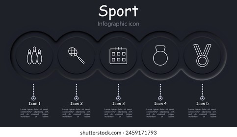 Icono de set deportivo. Skittles, boliche, calendario, calendario, medalla, peso, raqueta, tenis, barra, infografía, voleibol, músculos, hobby. Concepto de estilo de vida saludable.