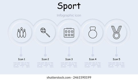 Icono de set deportivo. Skittles, boliche, calendario, calendario, medalla, peso, raqueta, tenis, barra, infografía, voleibol, músculos, hobby. Concepto de estilo de vida saludable.