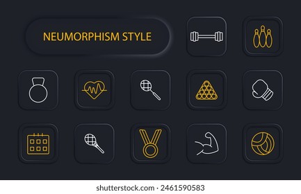 Icono de set deportivo. Skittles, bolos, calendario, calendario, medalla, peso, raqueta, tenis, barra, barra, billar, voleibol, músculos, guante de boxeo, hobby, neomorfismo. Concepto de estilo de vida saludable.