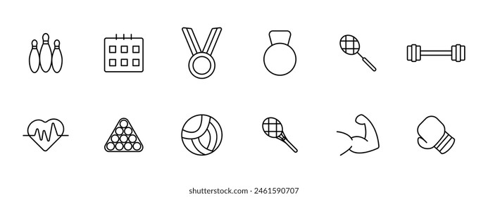 Sports set icon. Skittles, bowling, calendar, schedule, medal, weight, racket, tennis, barbell, rod, billiards, volleyball, muscles, boxing glove, hobby. Healthy lifestyle concept.