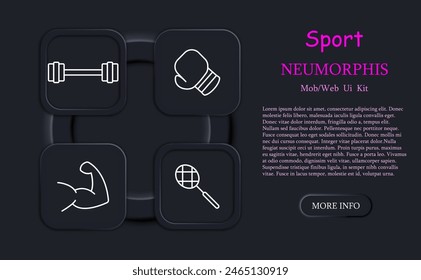 Icono de set deportivo. Peso, raqueta, tenis, barra, barra, billar, voleibol, músculos, guante de boxeo, neomorfismo, sección escolar, hobby. Concepto de estilo de vida saludable.