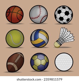 Symbole für Sportgeräte. Farbige Sport-Vektorgrafik von Basketball, Baseball, Fußball, Fußball, Tennis, Volleyball, Badminton, Rugby, Handball, Golf