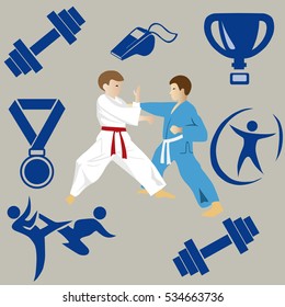 sports set: medal, trophy, whistle, athletes, sportsmen, wrestlers
