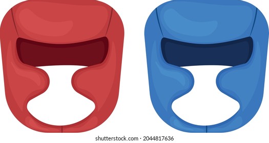 A sports set of two boxing helmets in red and blue colors. A boxing helmet to protect the head from blows. Sports equipment for boxing, kickboxing and other martial arts. Vector illustration