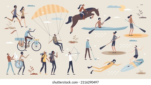 Sports set and various outdoor activities elements tiny person collection. Professional workout training items with different exercise styles vector illustration. Paddling, hiking and other hobby list