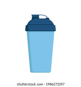 Sports shaker bottle with protein whey drink icon. Shake mug for protein cocktails. Personal refillable sports and fitness container, thermos or cup for energy beverage, coffee, tea to go. Vector flat