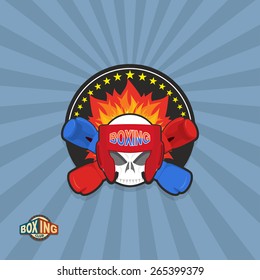 Sports shield emblem. Boxing logo skull. Logotype Club. cranium in gloves and helmet, with fire