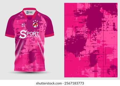 The sports shirt is designed in bright pink. The pattern on the shirt is artistic. It looks like a combination of different colors, making it look interesting and lively.