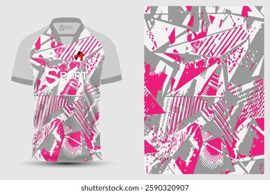 A sports shirt with a modern and bright design. The fabric is made of white with colorful graphic patterns including pink and gray, giving a sense of energy and interest.