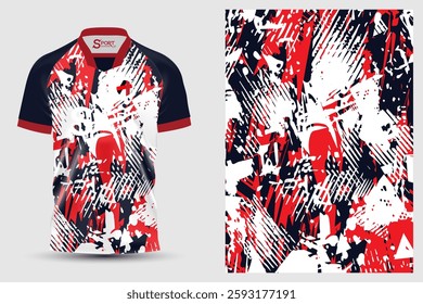 A sports shirt with a rather striking design, with the main colors being dark blue, white and red, which creates a lively and lively feel.