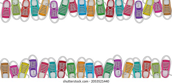 Sports shoe background, Sneakers pattern, school cartoon fitness border. Top view. Space for your text. Vector illustration