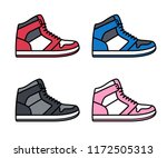 Sports shoe icon set. High top sneakers in different colors. Isolated vector illustration.