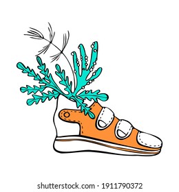 Sports shoe with plant isolated abstract decorative doodle drawing image, vector illustration. sneaker sportswear, romance concept.