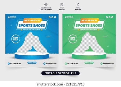 Sports shoe promotional web banner vector for business. Sports sneakers sale template design with blue and green colors. Exclusive shoe sale social media post vector for online advertisement.
