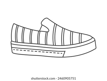 Sports shoe with stripes, fabric footwear with rubber sole line icon vector illustration