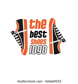 sports shoes logo, pair of sneakers black and orange on white