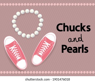 Sports shoes and pearl necklace on cream color background. 
Glamorous pink chucks, beautiful pearls female concept. Trendy  vector banner. 