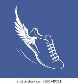 Sports shoes for running, running shoe with a wing. Graphic modern vector illustration. White symbol on a blue background.