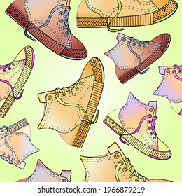 Sports shoes seamless pattern, color hand-drawn illustration on white background. Suitable for tattoo, design, brand logo, badge, t-shirts, printed cups, postcards.