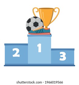 Sports shoes sneakers on the background of a soccer ball and a gold cup on the podium of the award, vector