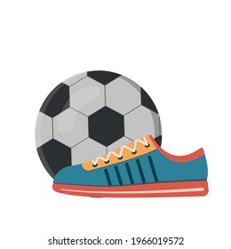 Sports shoes sneakers on the background of a soccer ball, color vector illustration in the style of flat